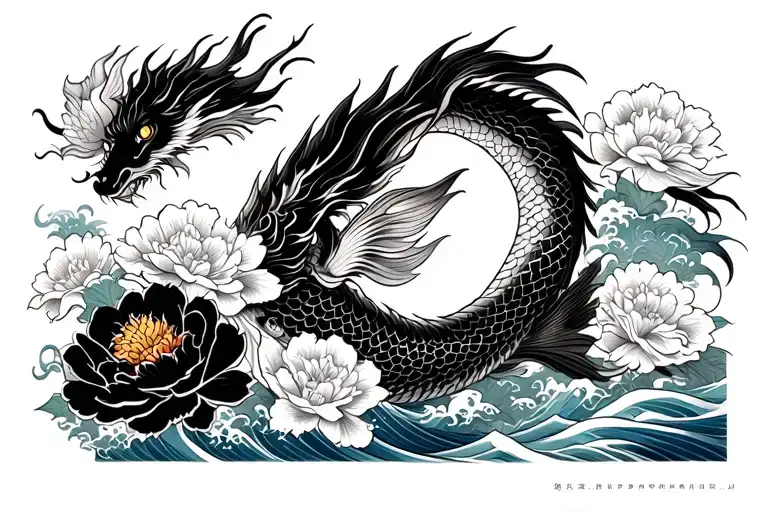 dragon flying and peony flowers, koi carp koi black and white, waves  tattoo design idea
