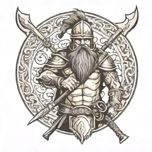 warrior with helmet from Gjermundbu, with two-handed axe and long beard tattoo design idea