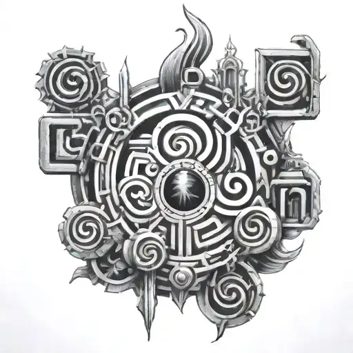 labyrinth inspired and keys and torches tattoo design idea