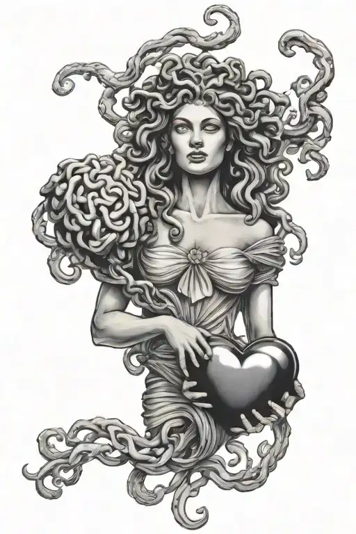 realistic mythological medusa holding heart in one hand and brain in the other hand tattoo design idea