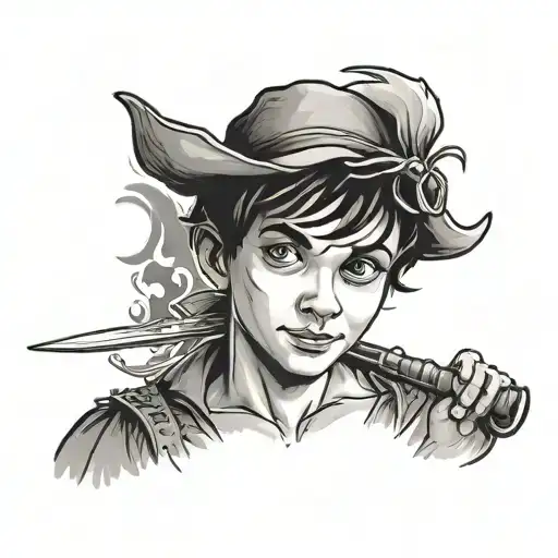 thoughtful Peter Pan with alcohol and knife tattoo design idea