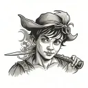 thoughtful Peter Pan with alcohol and knife tattoo design idea