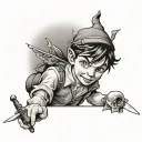 thoughtful Peter Pan with alcohol and knife tattoo design idea