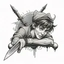thoughtful Peter Pan with alcohol and knife tattoo design idea