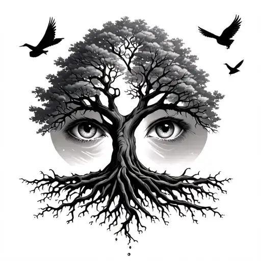 tree of life one side is dead one side alive with birds flying out, roots have a picture with eyes  tattoo design idea
