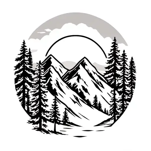 bold canadian rockies mountains with sunrise surrounded by pine trees tattoo design idea