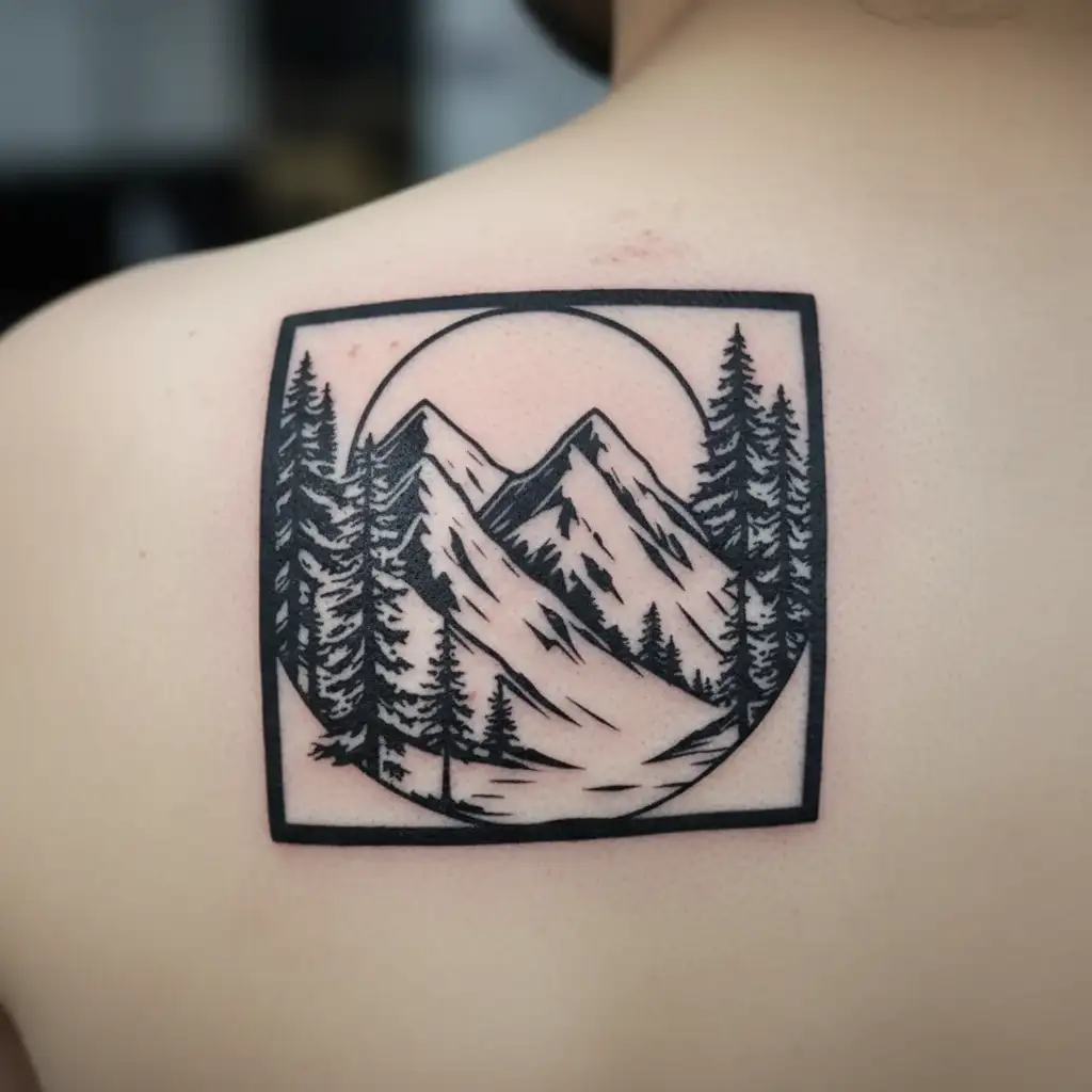bold canadian rockies mountains with sunrise surrounded by pine trees tattoo design idea
