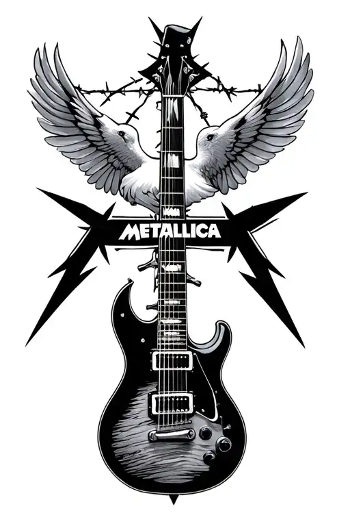  2 x swallows top and bottom , iron cross electric guitar in the middle , barbed wire , metallica logo somewhere  tattoo design idea