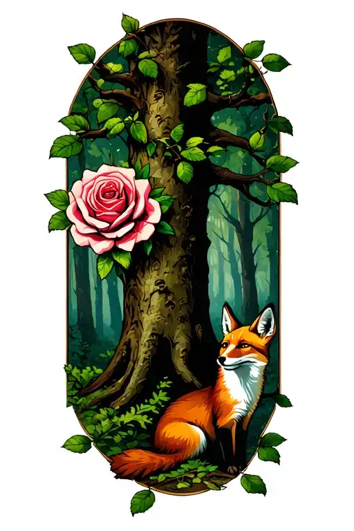 Rose wrapped around tree in forest and fox surrounded tattoo design idea