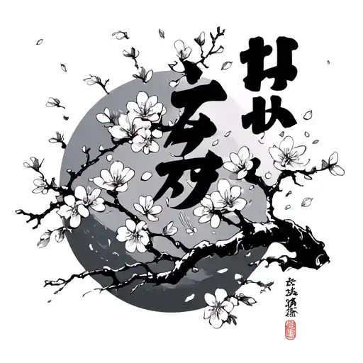 cherry blossom tree branches and falling petals with Japanese words alongside less dramatic more fine line  tattoo design idea