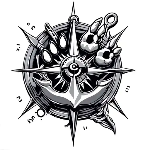 piston head+ dna symbol + dog paw, compass and a anchor all combined tattoo design idea