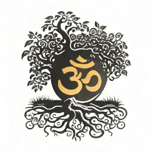 banian tree with musical roots shaped like  Hindi om tattoo design idea