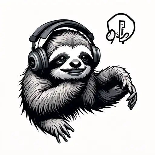 hop sloth wearing headphones listening to music tattoo design idea