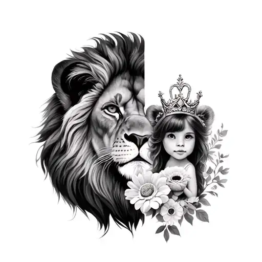 Half the face of a lion, half the face of a lioness, 3 flowers and a little lion cub girl with a crown tattoo design idea