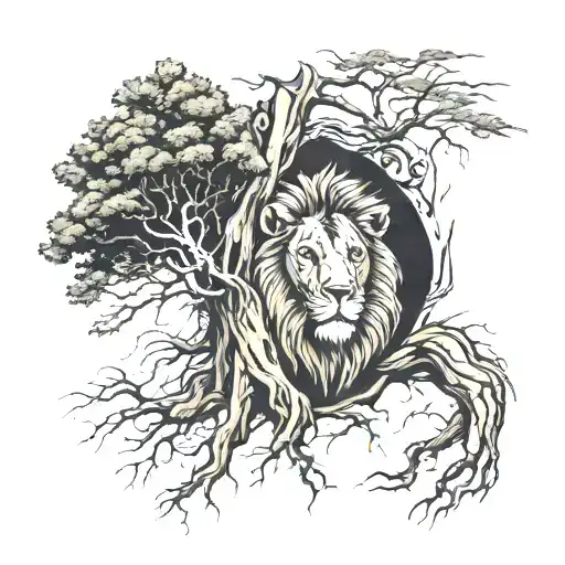 redwood tree rooting into a lions face  tattoo design idea