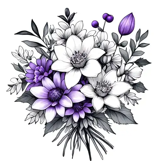 bouquet of violet, daffodil, water lily, cosmos and holly berry fine line tattoo design idea
