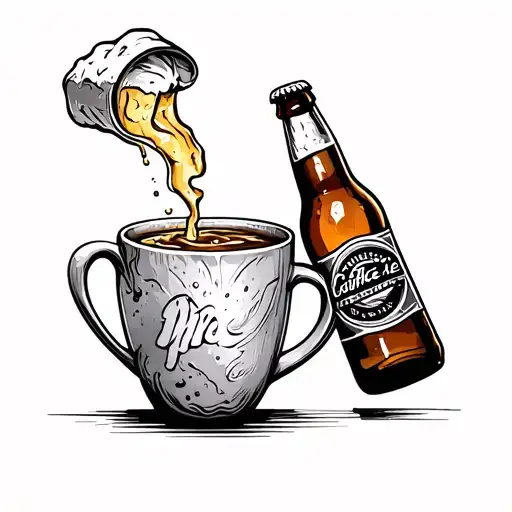 coffee cup clinking with beer bottle tattoo design idea