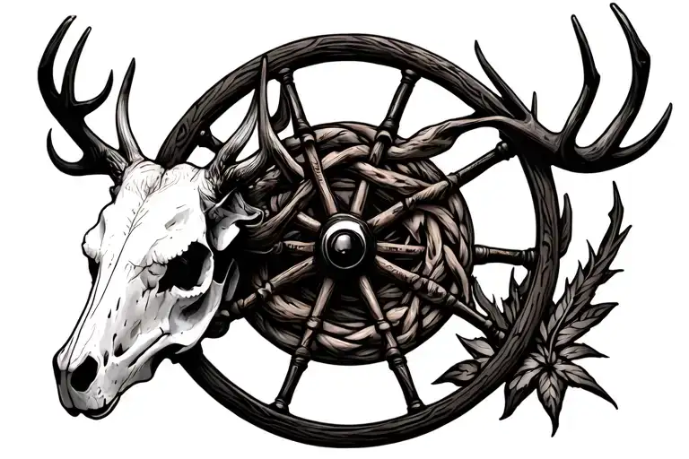 deer skull wagon wheel intertwined tattoo design idea