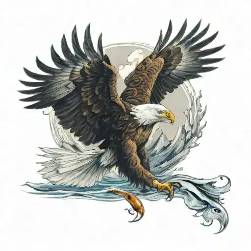 A realistic tattoo of a majestic eagle swooping down to catch a fish in a lake, symbolizing the thrill of fishing and the freedom of riding motorcycles tattoo design idea