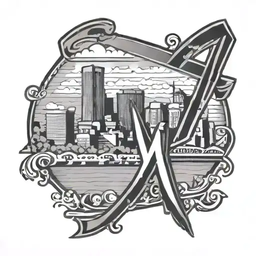 Baltimore city Skyline placed behind a letter M  tattoo design idea