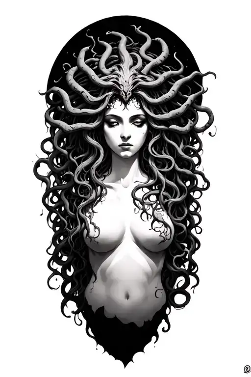• Medusa is the main creature, a deep symbol of feelings and survival.	• Toria - behind, like a portal.	• Likoris - emphasis on tattoo design idea