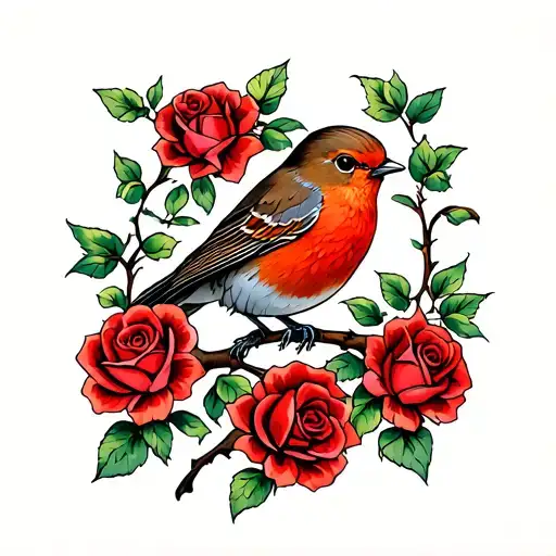 Robin on branch surrounded by a lot of red roses  tattoo design idea