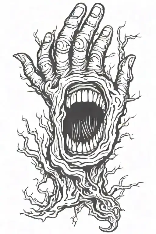 throat tattoo of a hand made from roots growing tattoo design idea