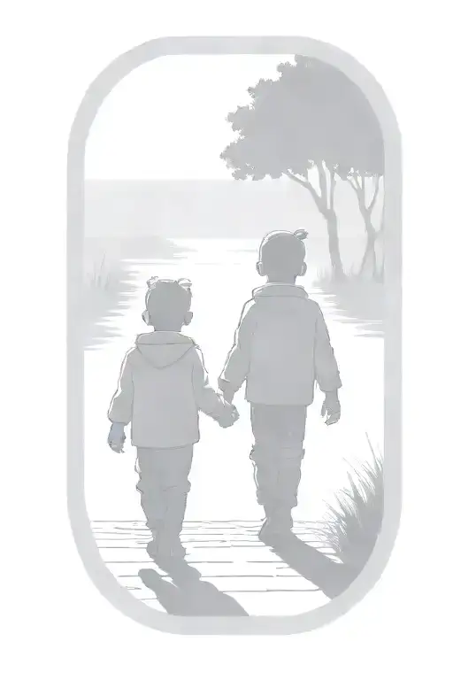2 small brothers, holding hands one taller a bigger than the other the small one ears stick out tattoo design idea