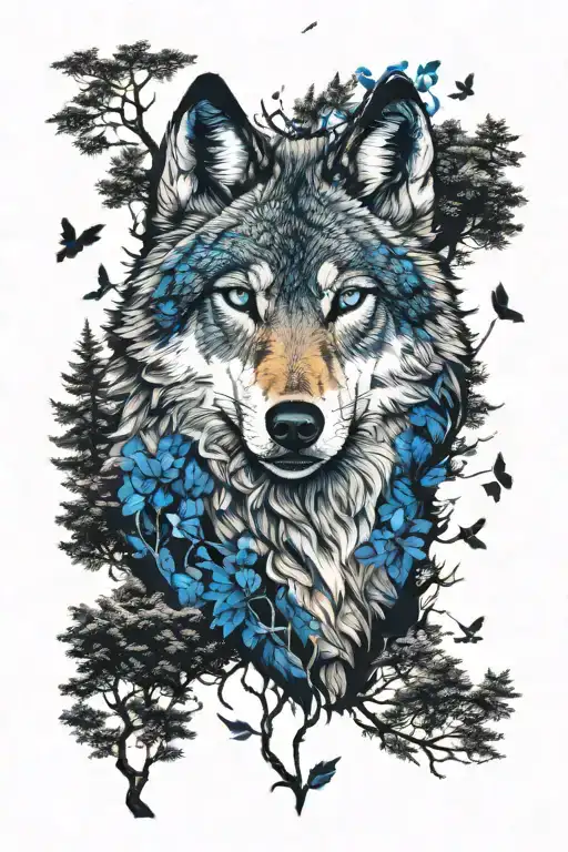 wolf in blue eyes howling forest scene tattoo design idea