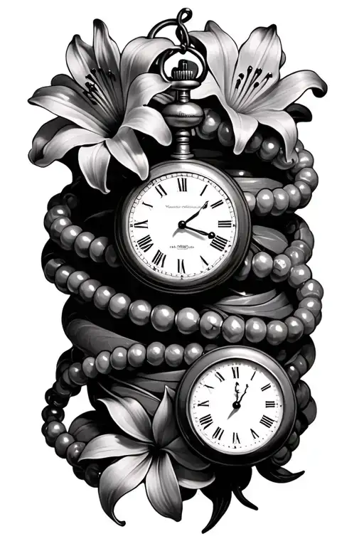 lilys, 3 pocket watches, beads wrapping itself tattoo design idea