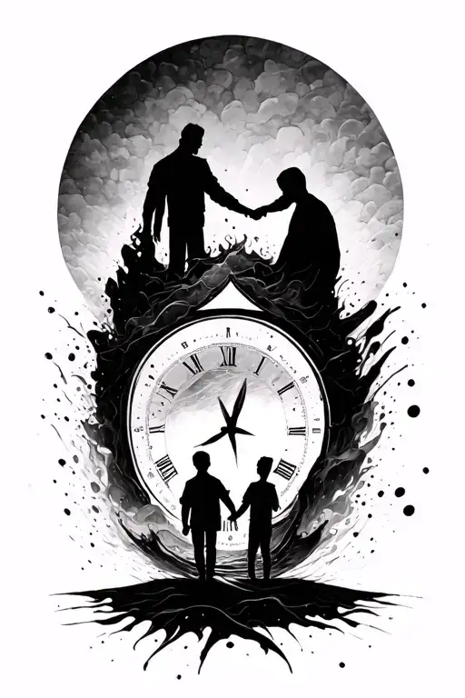 Two silhouettes father and son hold hands in Dali, inside them is a sand clock, and father’s sand is spilled into the hours of his son tattoo design idea