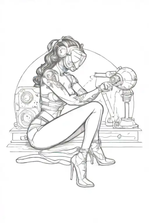 sexy pin up donning welding mask and lingerie, big, round ass,  over on her knees using torch, she's very fit.   tattoo design idea