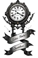 Sanding clock against the background of broken old mechanical watches. There are two ribbons under them to which names will then be finished tattoo design idea
