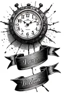 Sanding clock against the background of broken old mechanical watches. There are two ribbons under them to which names will then be finished tattoo design idea