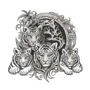 Mayan symbol, tigers, trees, skulls leaning and forming tattoo design idea