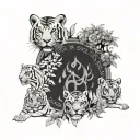 Mayan symbol, tigers, trees, skulls leaning and forming tattoo design idea
