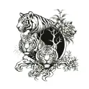 Mayan symbol, tigers, trees, skulls leaning and forming tattoo design idea