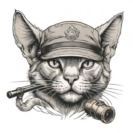 grey and white tough cat wearing a military on its head and smoking a cigar in its mouth tattoo design idea