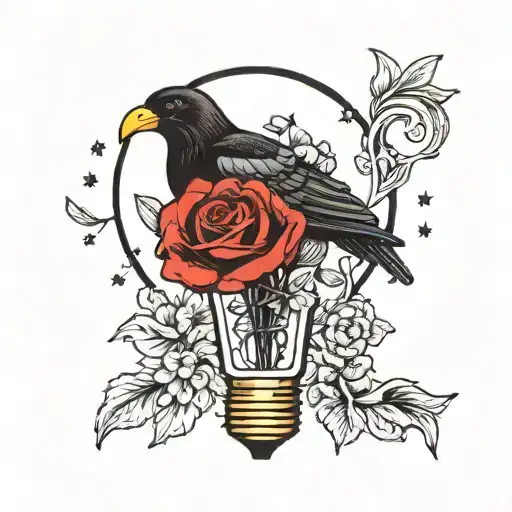 lightbulb with black swallow silhouettes inside with a red carnation and a yellow daisy underneath the bulb tattoo design idea