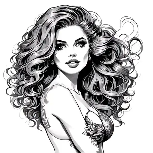 pinup girl with long hair tattoo design idea