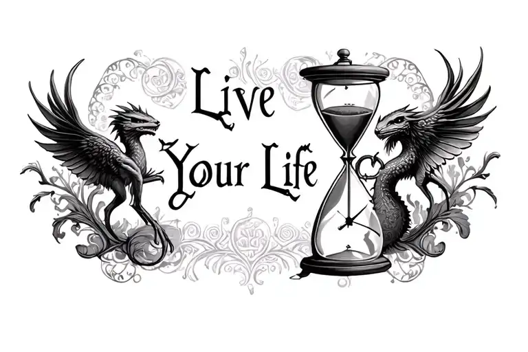 "Live Your Life" "Live Your Life" hourglass and pocket watch background creatures tattoo design idea