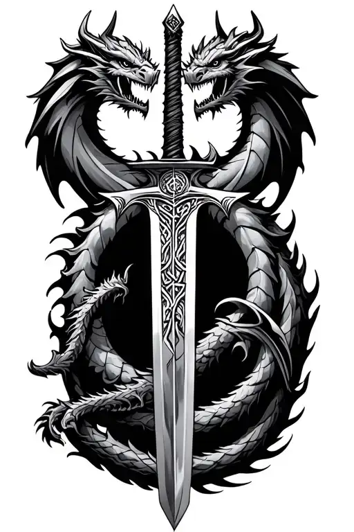 viking sword with dragon around with aegishjalmur on hilt and tiwaz rune on blade tattoo design idea