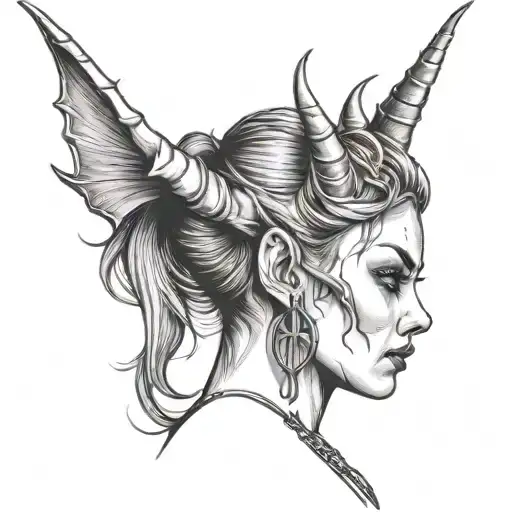 side profile female devil horns tattoo design idea