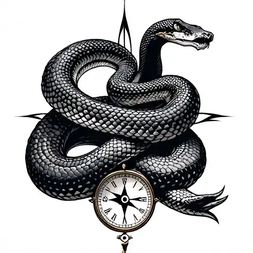 snake tattoo combination with compass and clock tattoo design idea