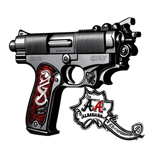 A biomechanical gun with elements of rockabilly music and University of Alabama Football motifs tattoo design idea
