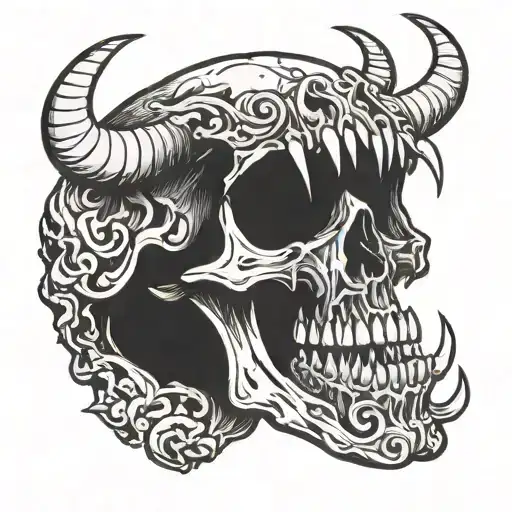 The horned demon skull opened its mouth and stuck out its tongue in rage tattoo design idea