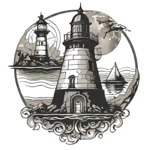 Alcoholic anonymous triangle and circle with lighthouse in the triangle. The earth and water in circle around lighthouse tattoo design idea