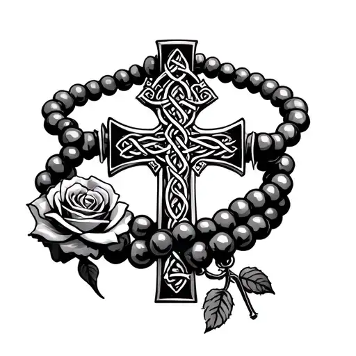 rosary beads wrapped around armwith Irish Celtic cross with rose with 5 thorns in Side of it on right forearm  tattoo design idea