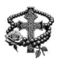 rosary beads wrapped around armwith Irish Celtic cross with rose with 5 thorns in Side of it on right forearm  tattoo design idea