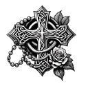 rosary beads wrapped around armwith Irish Celtic cross with rose with 5 thorns in Side of it on right forearm  tattoo design idea